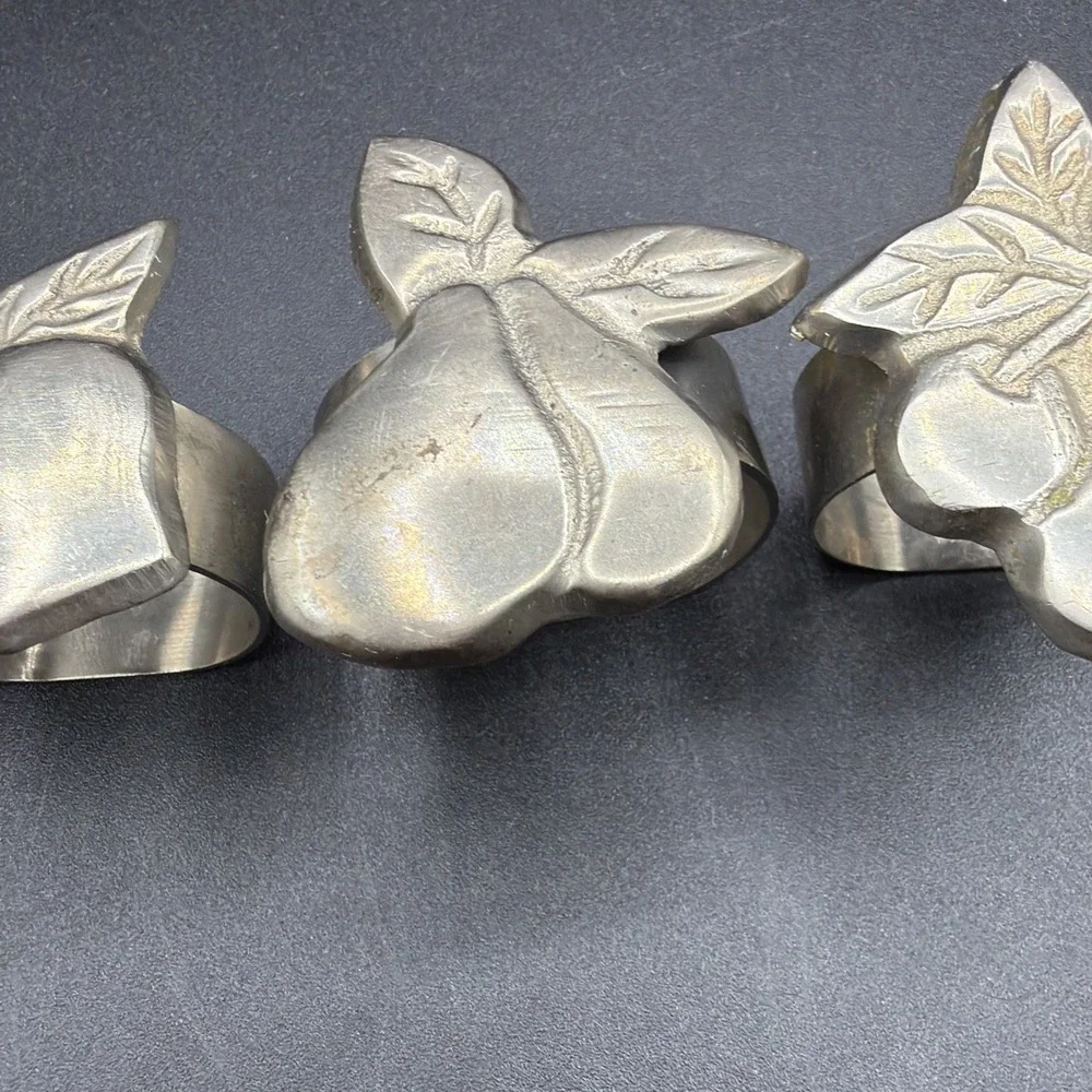 Vtg. Set of Four (4) Pewter Fruit Themed Napkin Rings-Apple-Grapes-Pear-Cherries